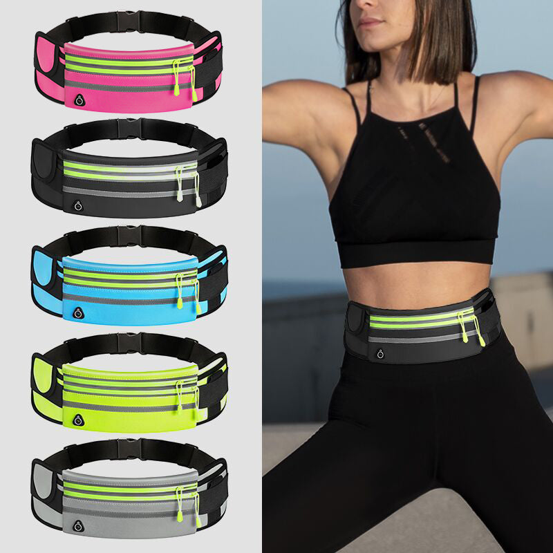 Fanny packs in various colors with a person wearing one on a blurred background