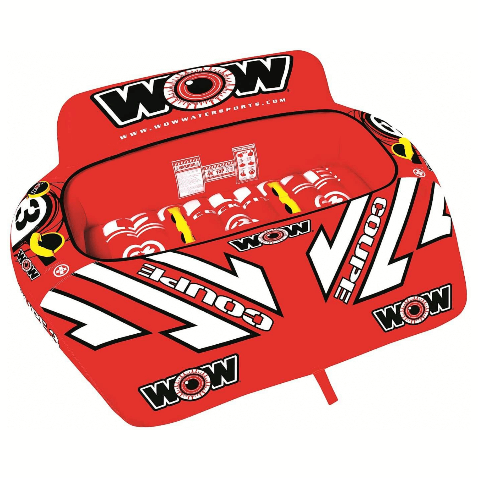 Red inflatable seat with 'WOW' branding on a white background