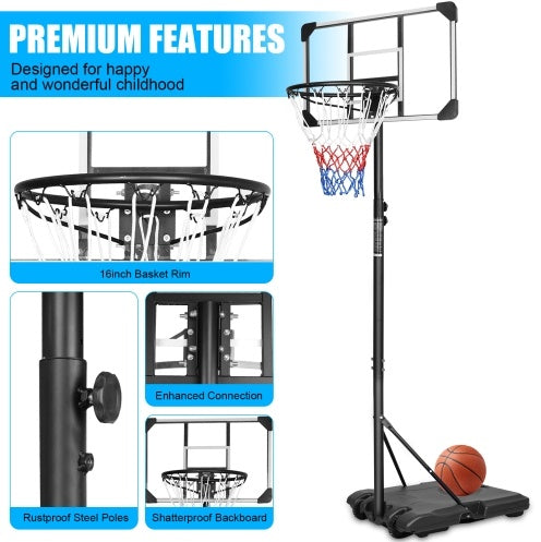 Basketball hoop with multiple features highlighted on a white background