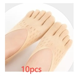 Beige silicone gel pads on feet with '10pcs' text on a white background