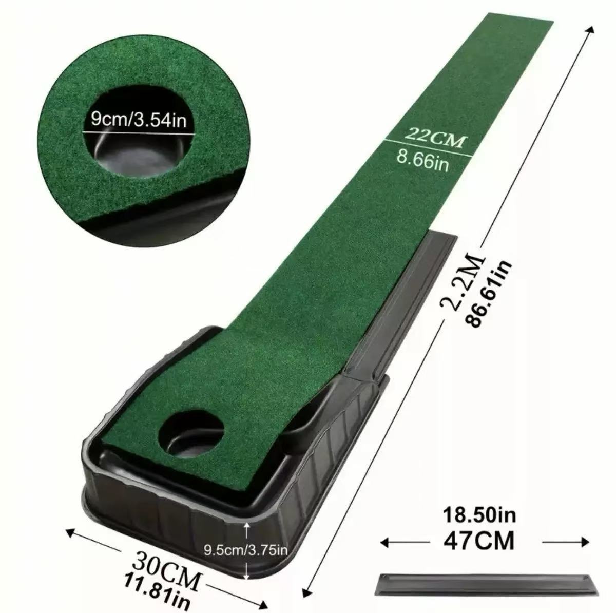 Green golf putting mat with measurements on a white background