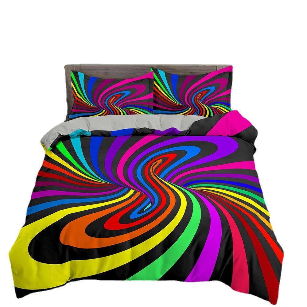 Colorful swirl patterned bedding set on a white background
