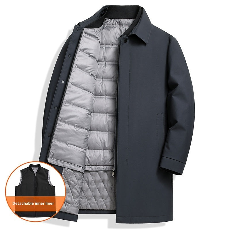 Dark blue coat with detachable gray inner liner on a white background