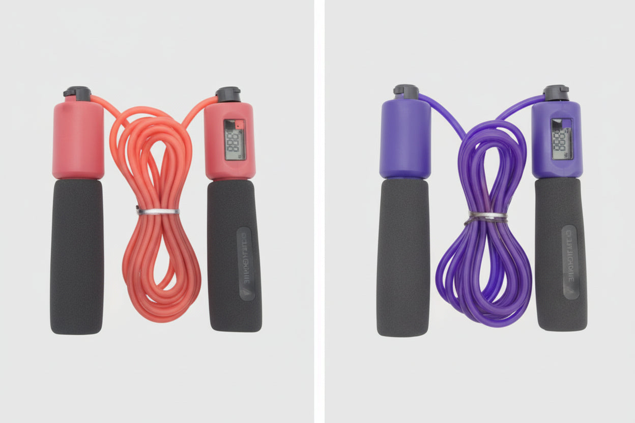 Two jump ropes, one red and black, the other purple and black, on a white background.
