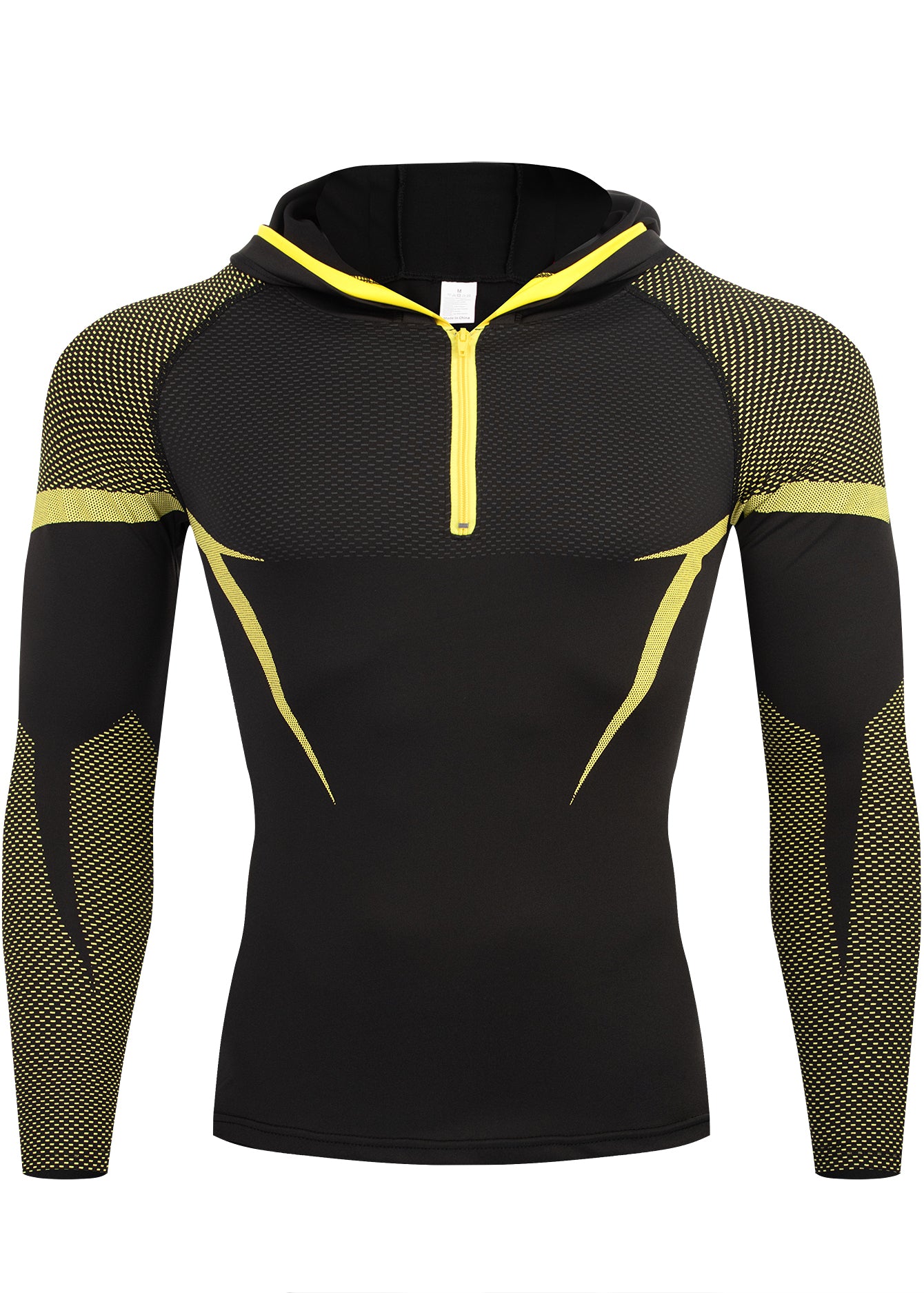 A men's long-sleeve athletic compression hoodie in black with bright yellow accents, featuring a half-zip neckline, mesh patterned sleeves, and a matching hood, shown on a plain white background.
