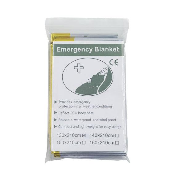 Emergency blanket packaging with product details on a white background