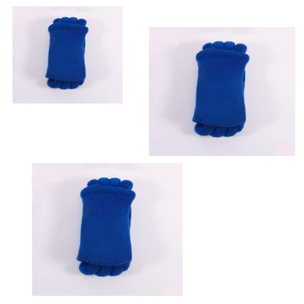 Three blue foot-shaped socks on a white background