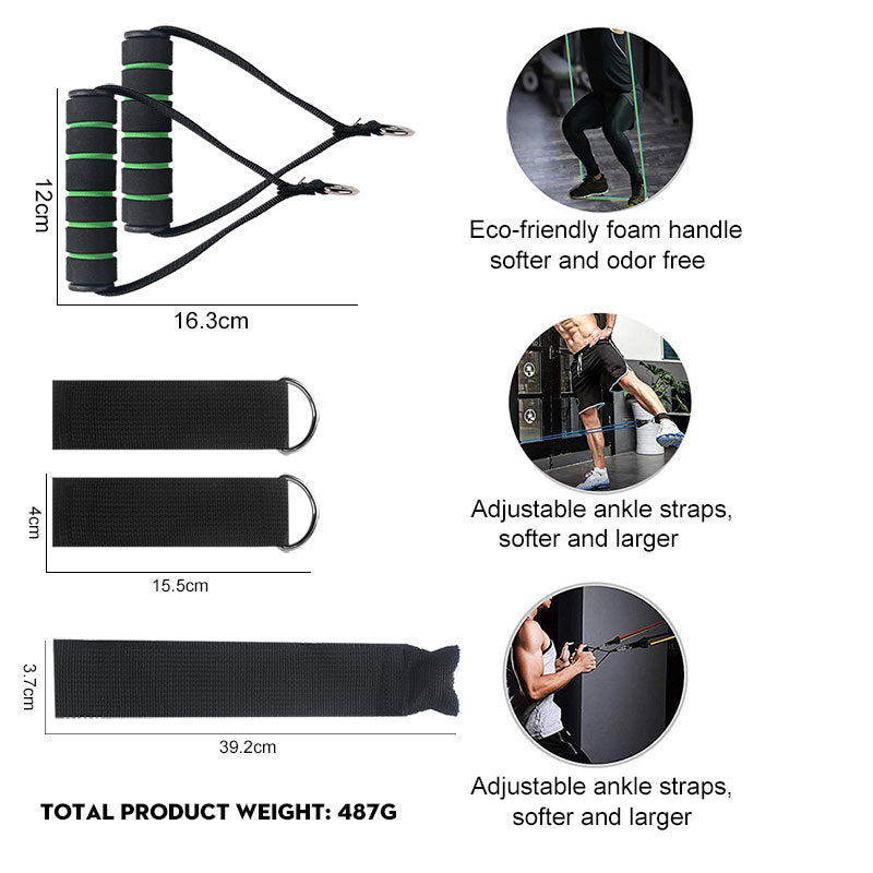 Fitness resistance band set with measurements and usage examples on a white background