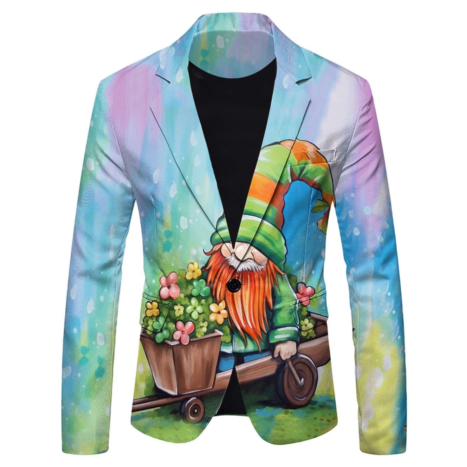Colorful blazer with a cartoon gnome design on a white background