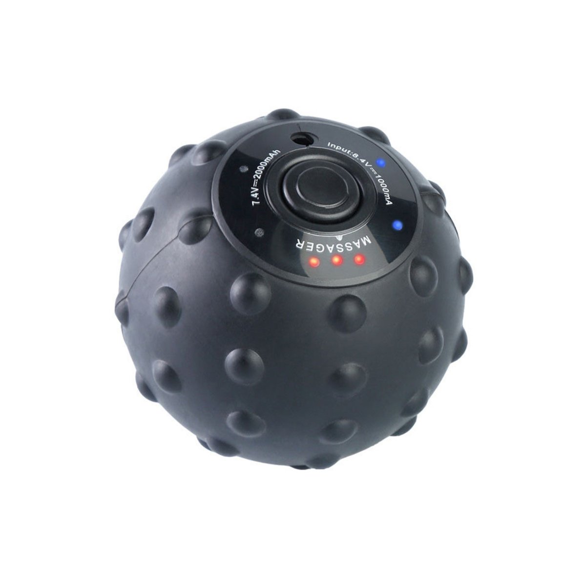 Black massage ball with textured surface on a white background