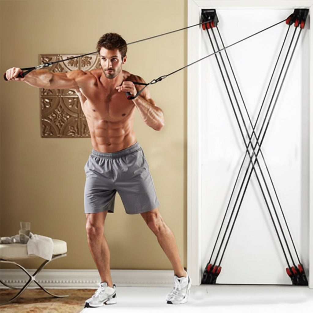 Man in India exercising with a resistance band in a home setting