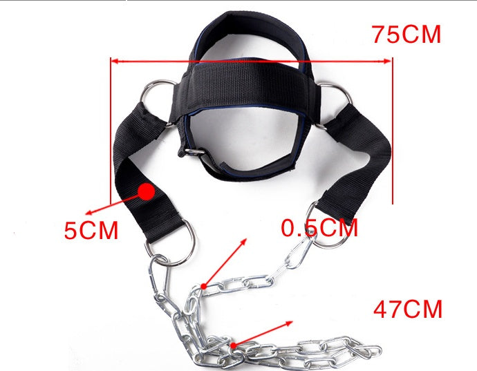 Black harness with chain, measurements indicated on a white background