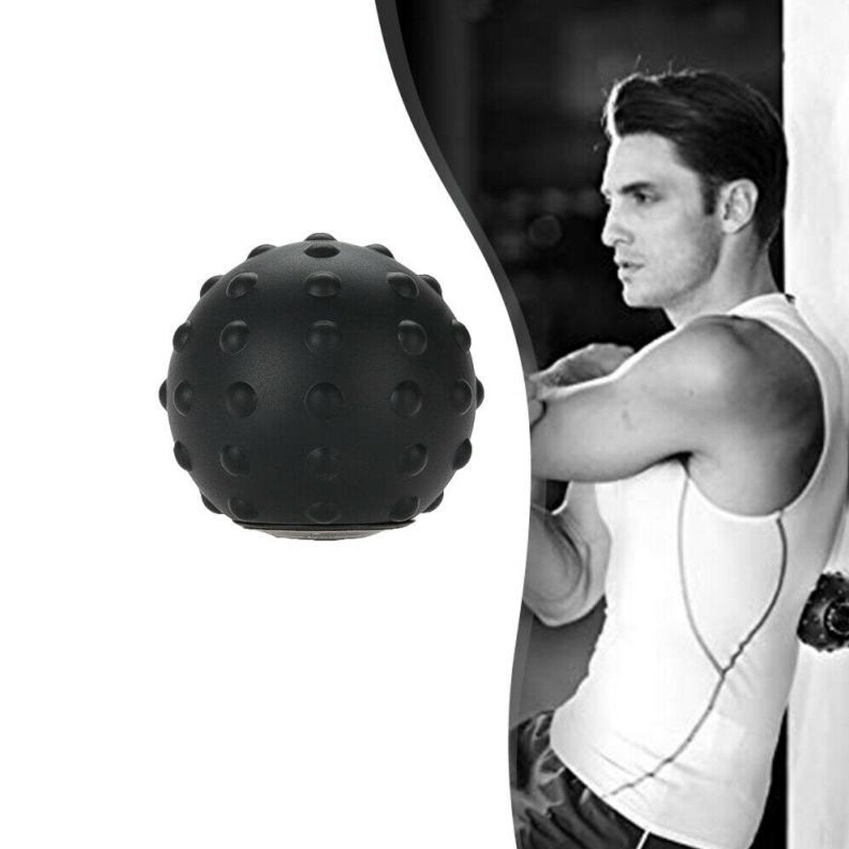 Black textured ball with a person holding it in the background