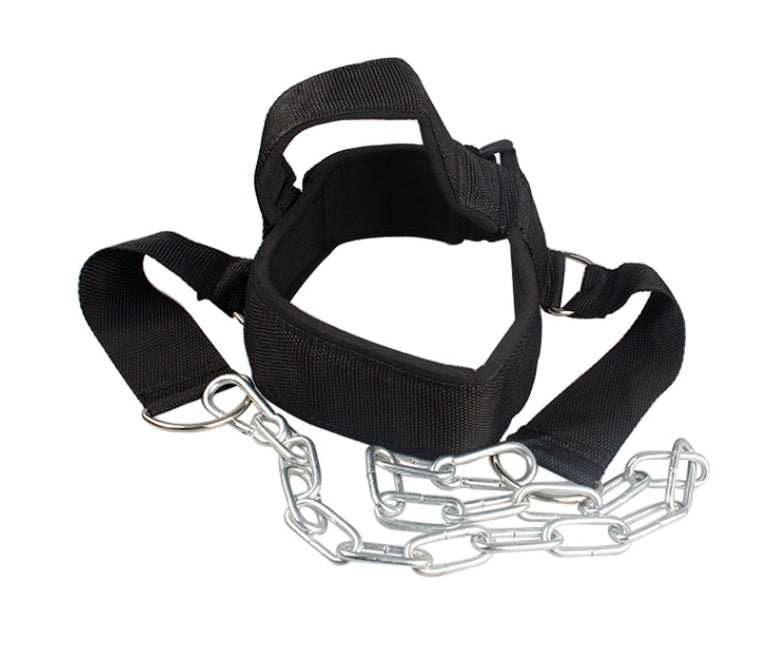 Black leather neck strength device with metal chain on a white background