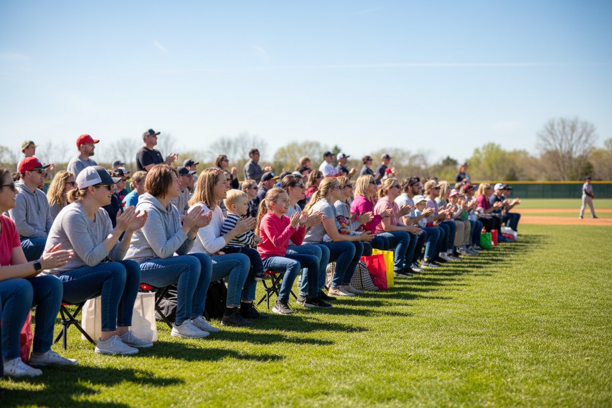 A crowd of spectators on the sideline sitting on Red folding stool with black legs