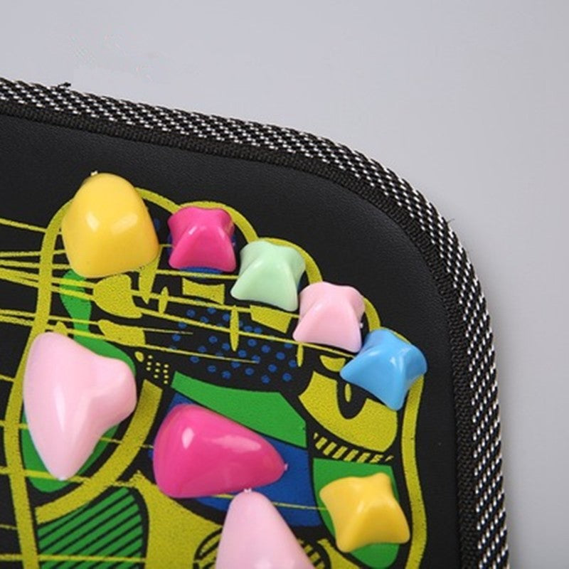 Colorful geometric earrings on a black case with a colorful design.