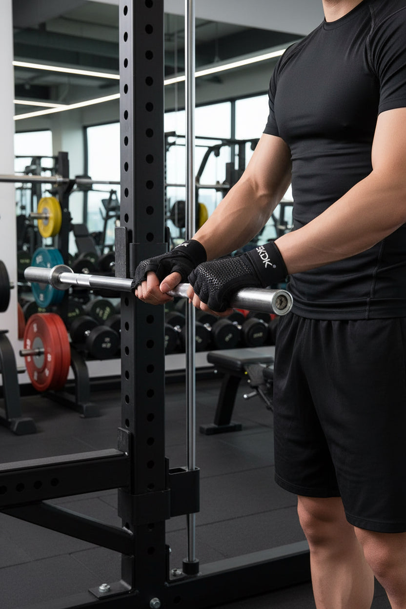 A person wearing Black wrist support gloves with SKDK branding on in gym.