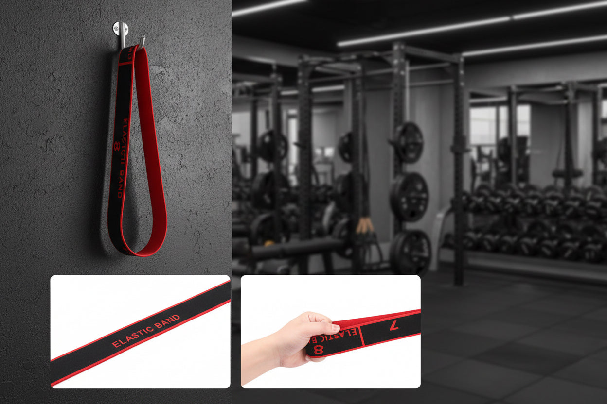 Black and red elastic band with numbers hanging on rack in gym with two images of product inserted