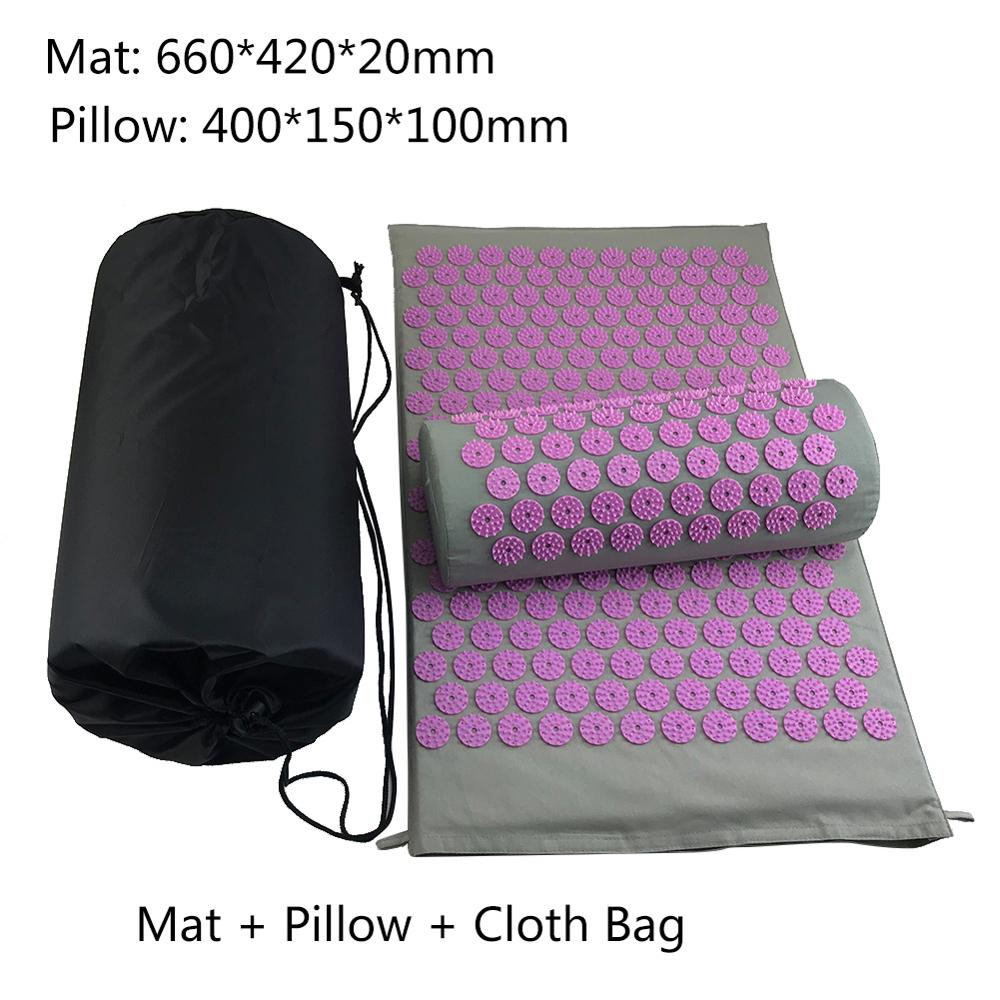 Acupressure mat, pillow, and cloth bag with dimensions displayed.