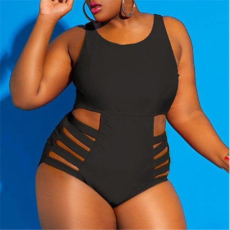 Black swimsuit with cut-out design on a blue background