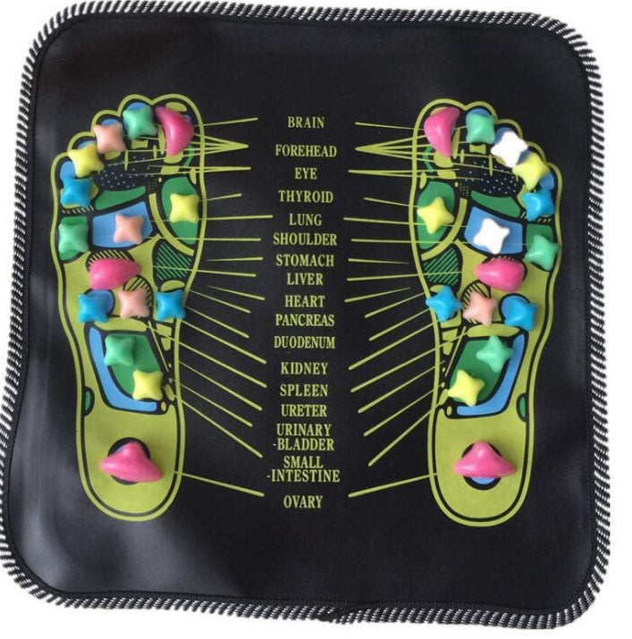 Colorful foot reflexology map on a black background