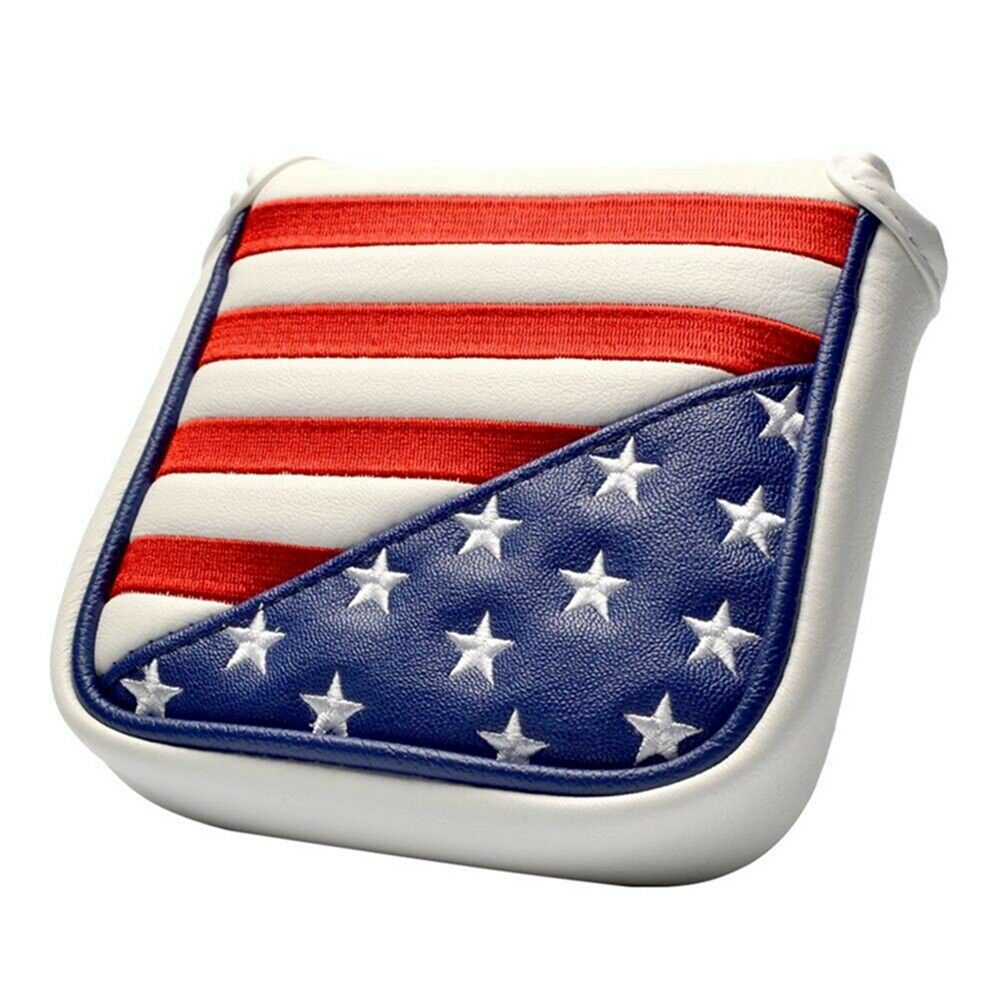 Golf club head cover with American flag design on a white background