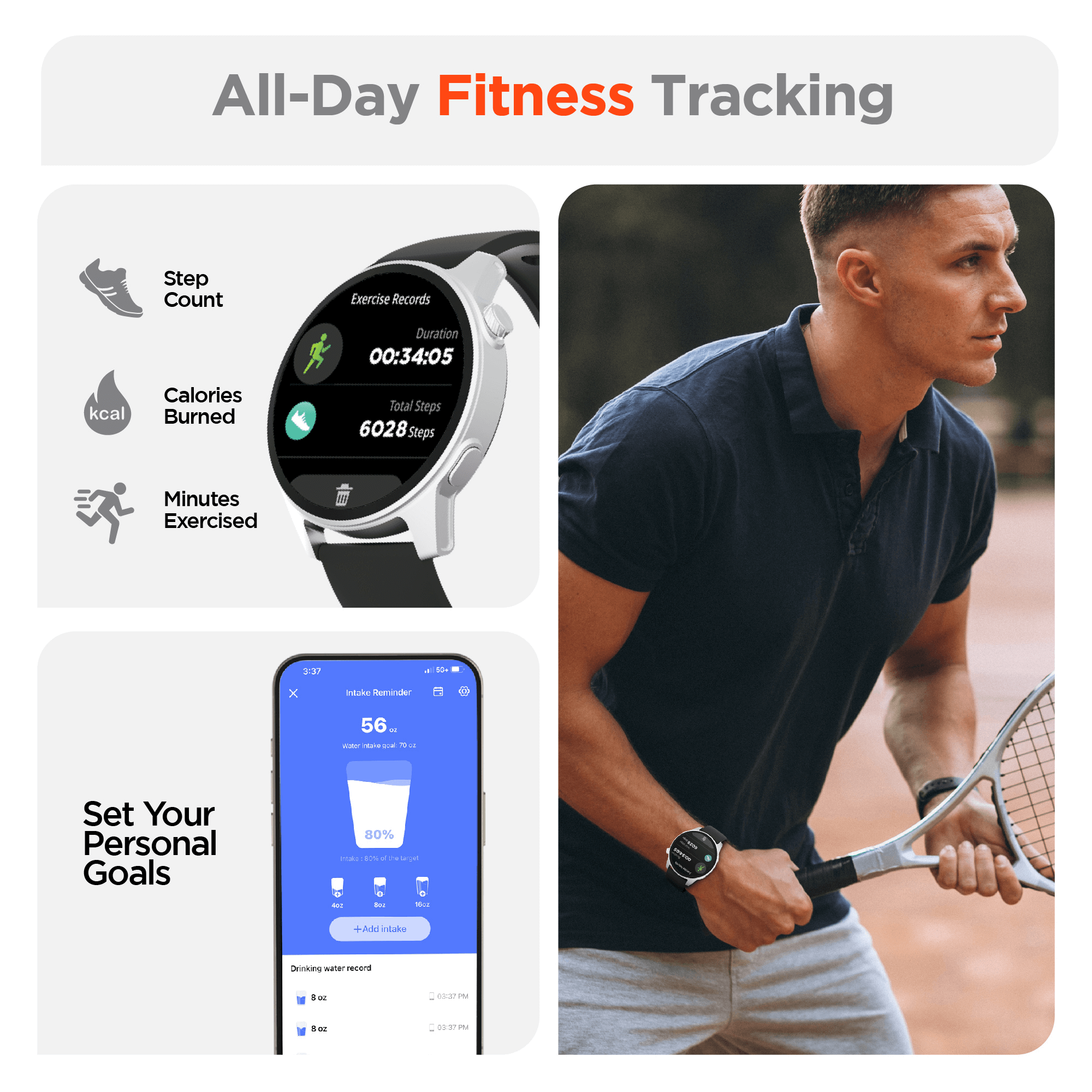 Smartwatch with fitness tracking app and person holding a tennis racket on a white background