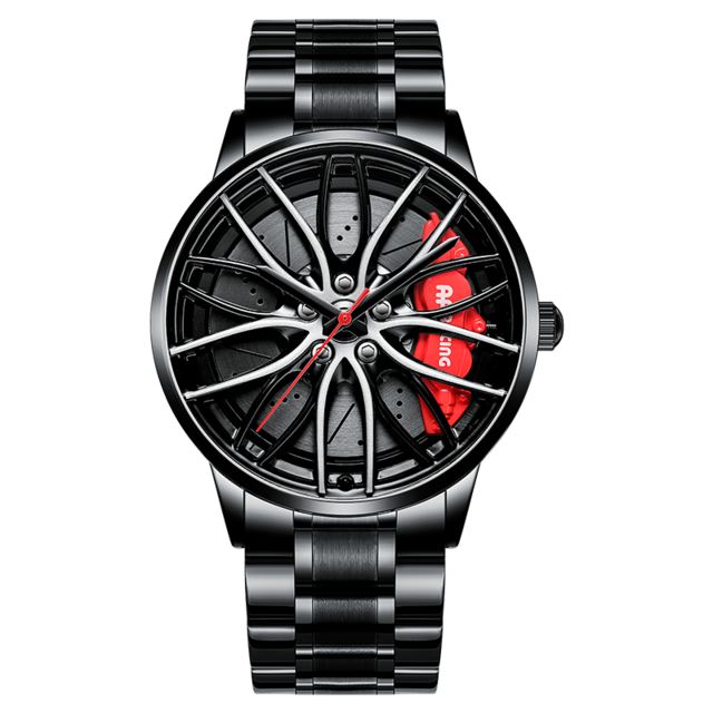 Black watch with wheel design face on a white background