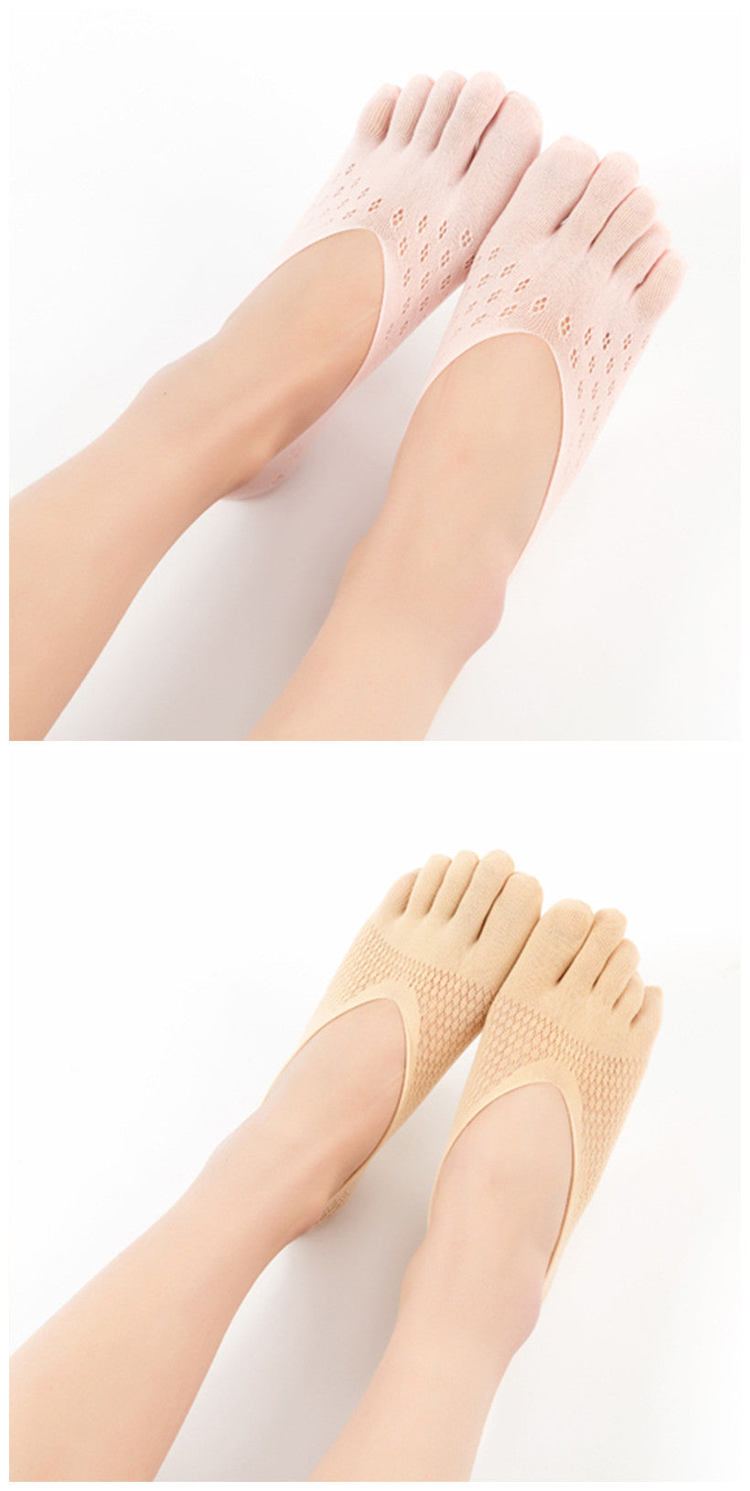 Two pairs of toe-separated socks on feet against a white background