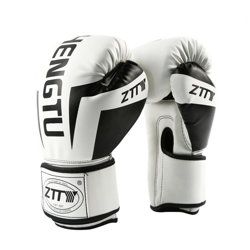 White and black boxing gloves with 'ZTTY' branding on a white background