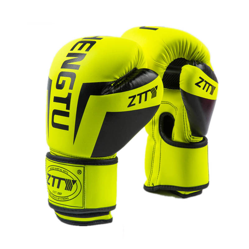 Pair of neon yellow boxing gloves with black accents on a white background