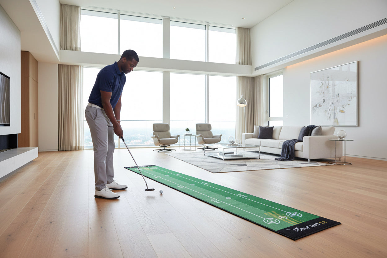 Golf practice mat with target design on a white background