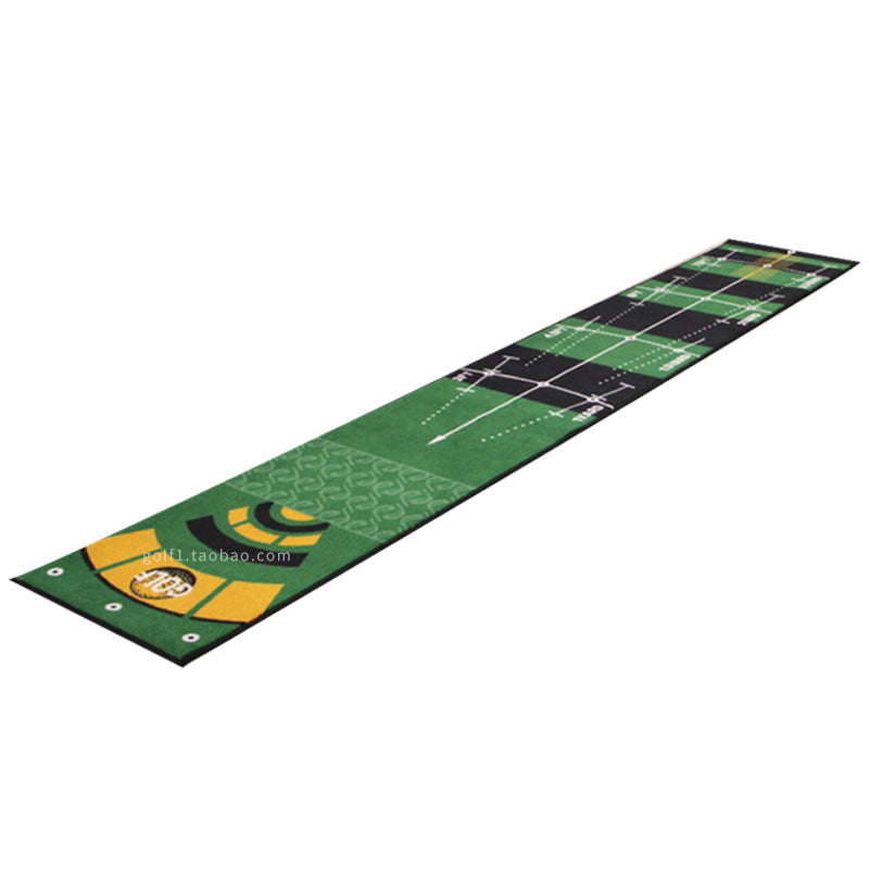 Green and yellow putting green mat on a white background