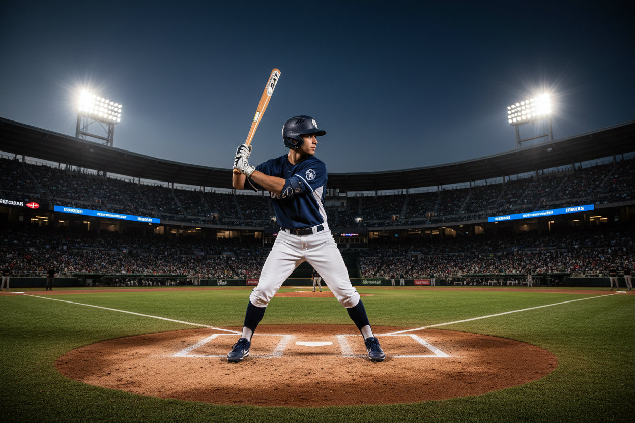 Wooden baseball bat held by a collegiate level player in baseball stadium.