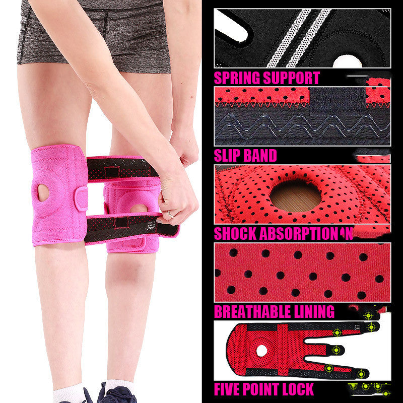 Person wearing a pink knee brace with feature text overlay on a white background