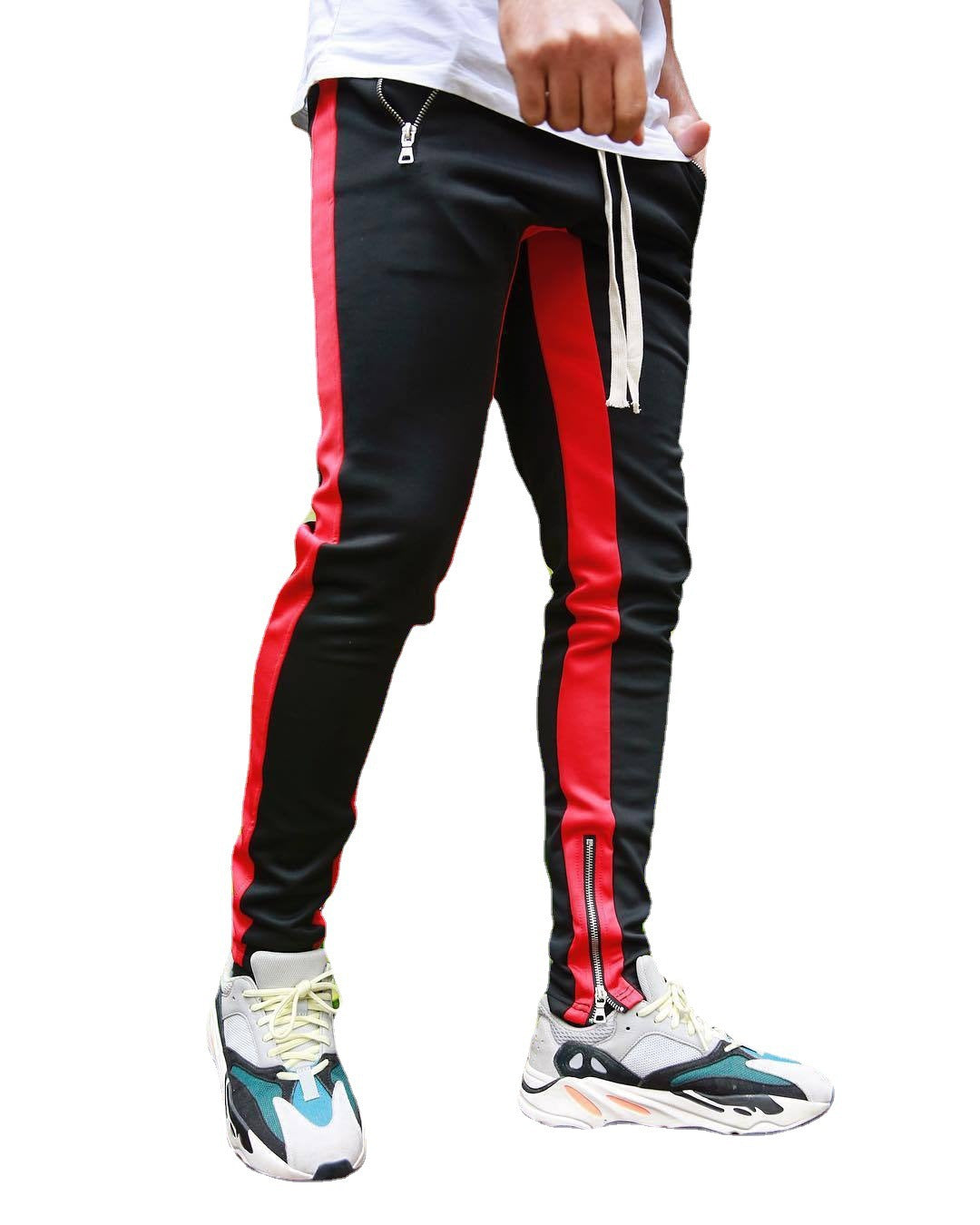 Black and red striped pants with white accents on a white background