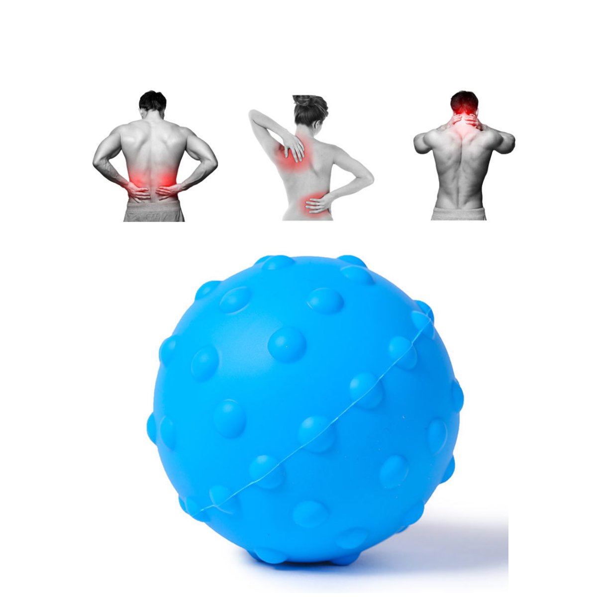 Blue massage ball with images of body parts showing pain on a white background