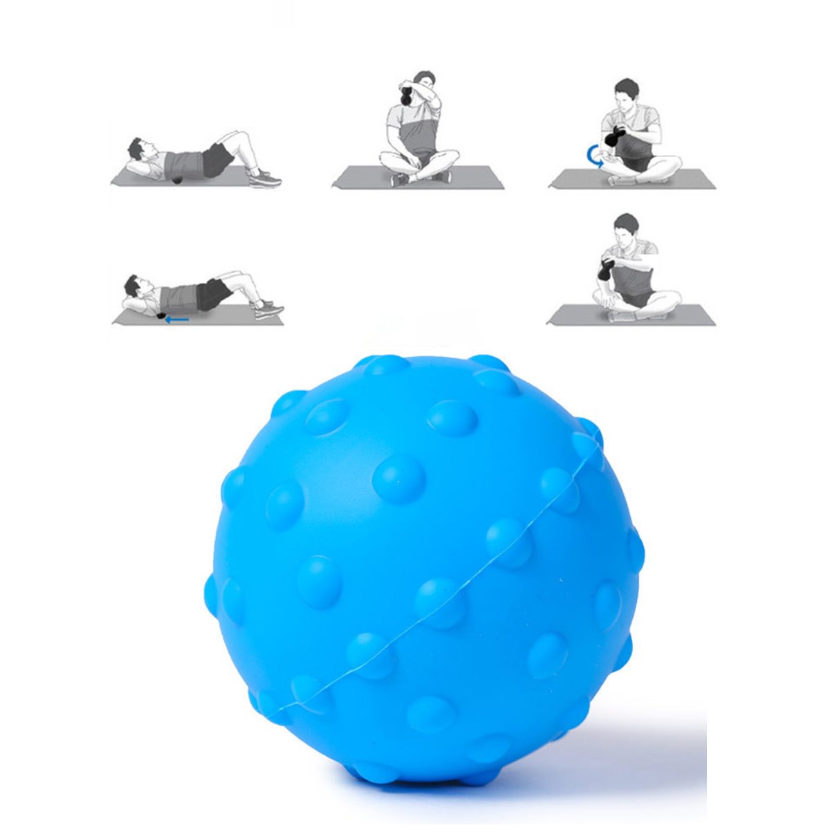 Blue massage ball with people performing yoga poses on a white background