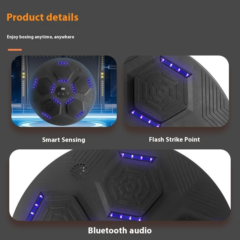 Product details of a boxing device with smart sensing, flash strike point, and Bluetooth audio features.
