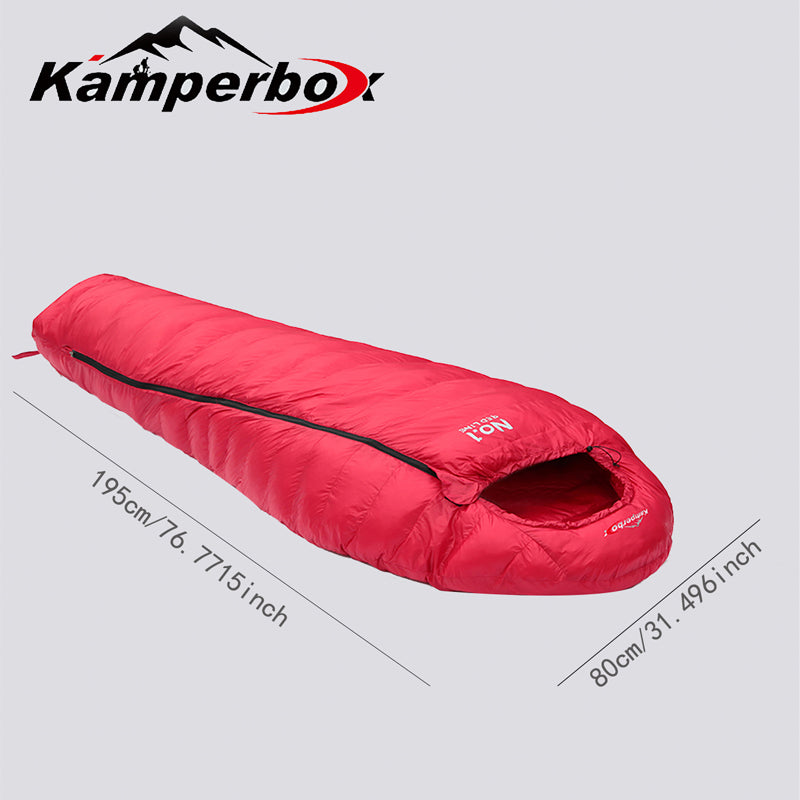 Red sleeping bag with Kamperbox branding on a light gray background