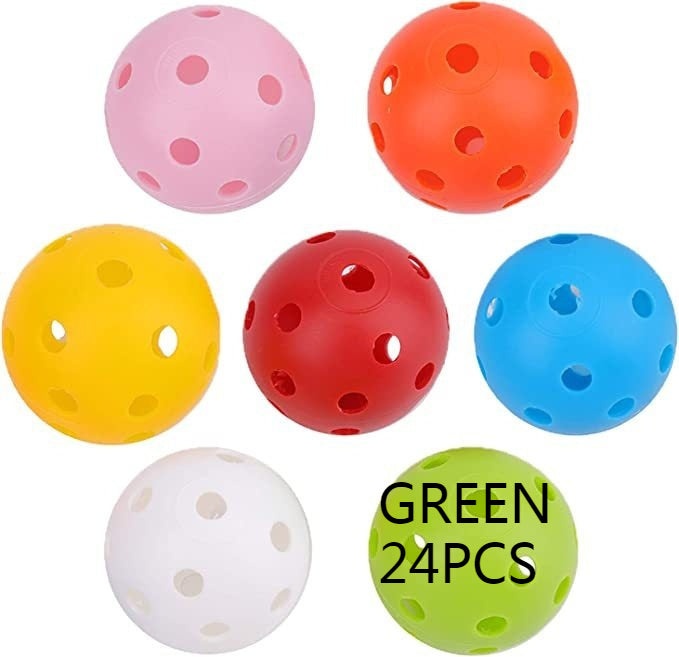 Set of colorful plastic balls with a green ball labeled '24PCS' on a white background
