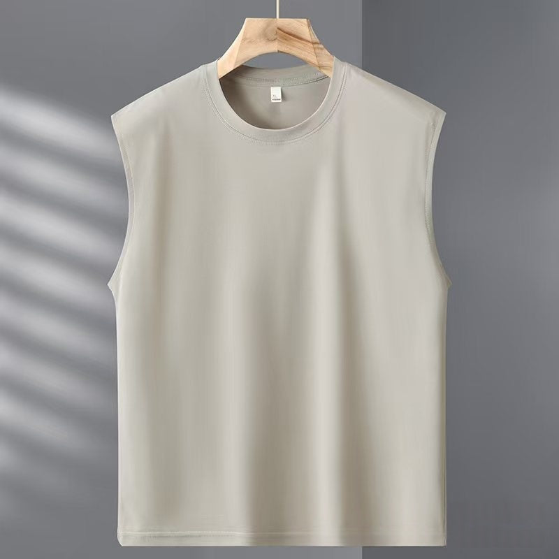 Beige sleeveless shirt on a hanger against a gray background