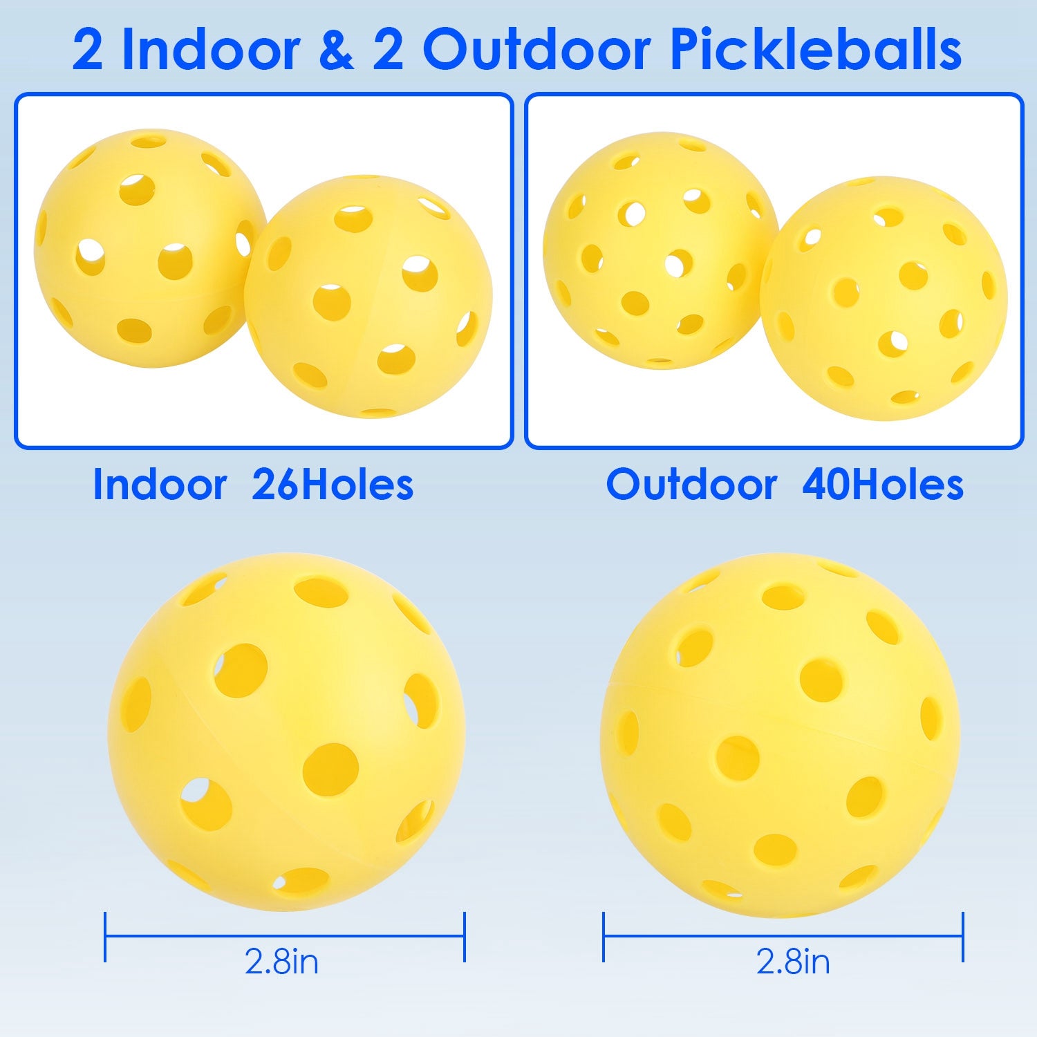 Two sets of yellow pickleballs with text indicating indoor and outdoor use, and ball dimensions.