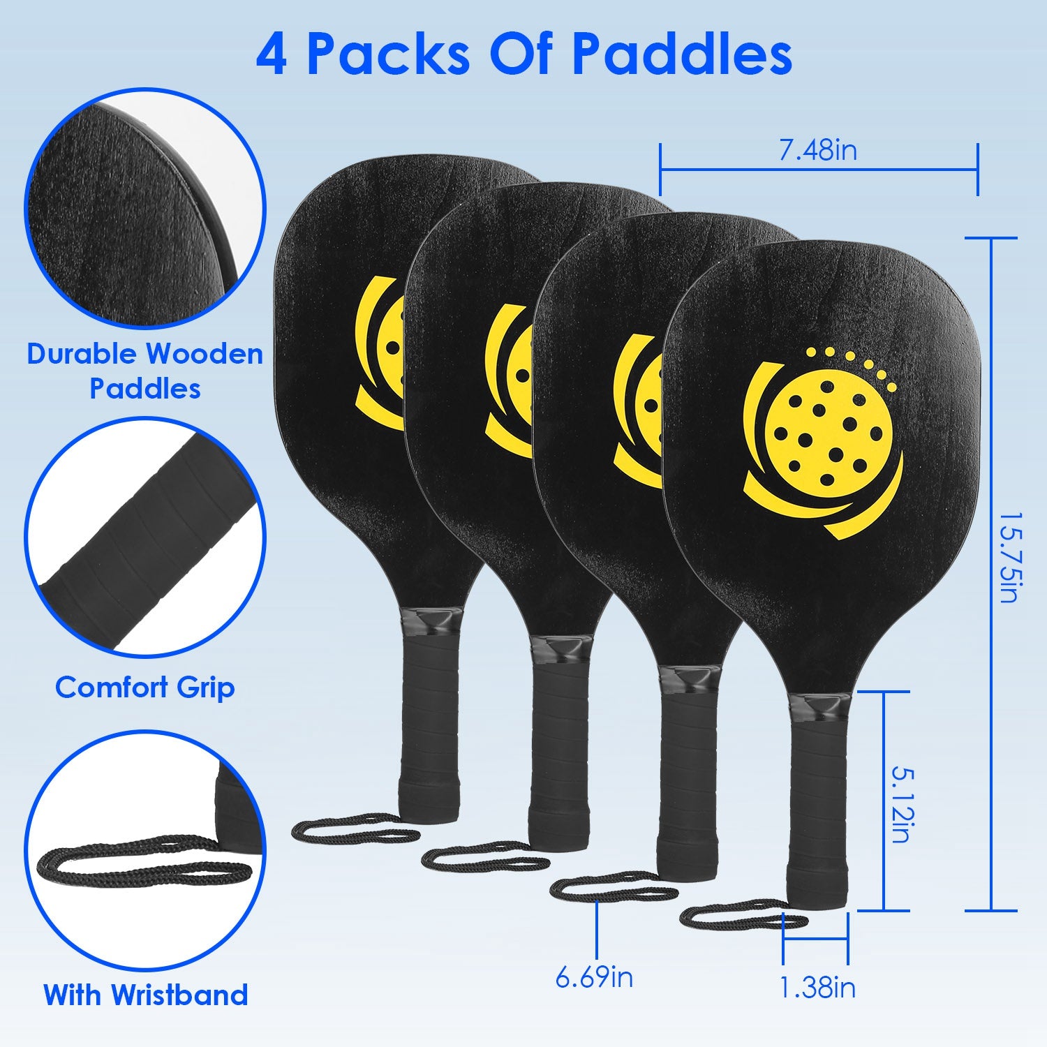 Four black paddles with yellow logos on a blue background, showing dimensions and features.