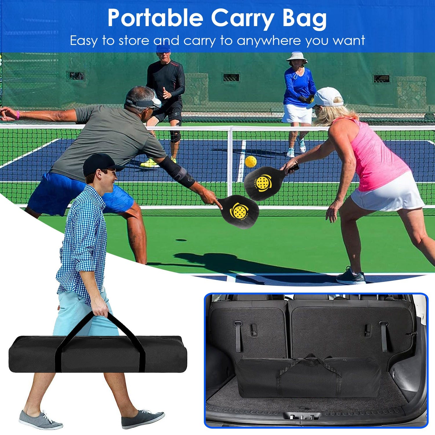 People playing paddle sports on a court with a portable carry bag shown in use.