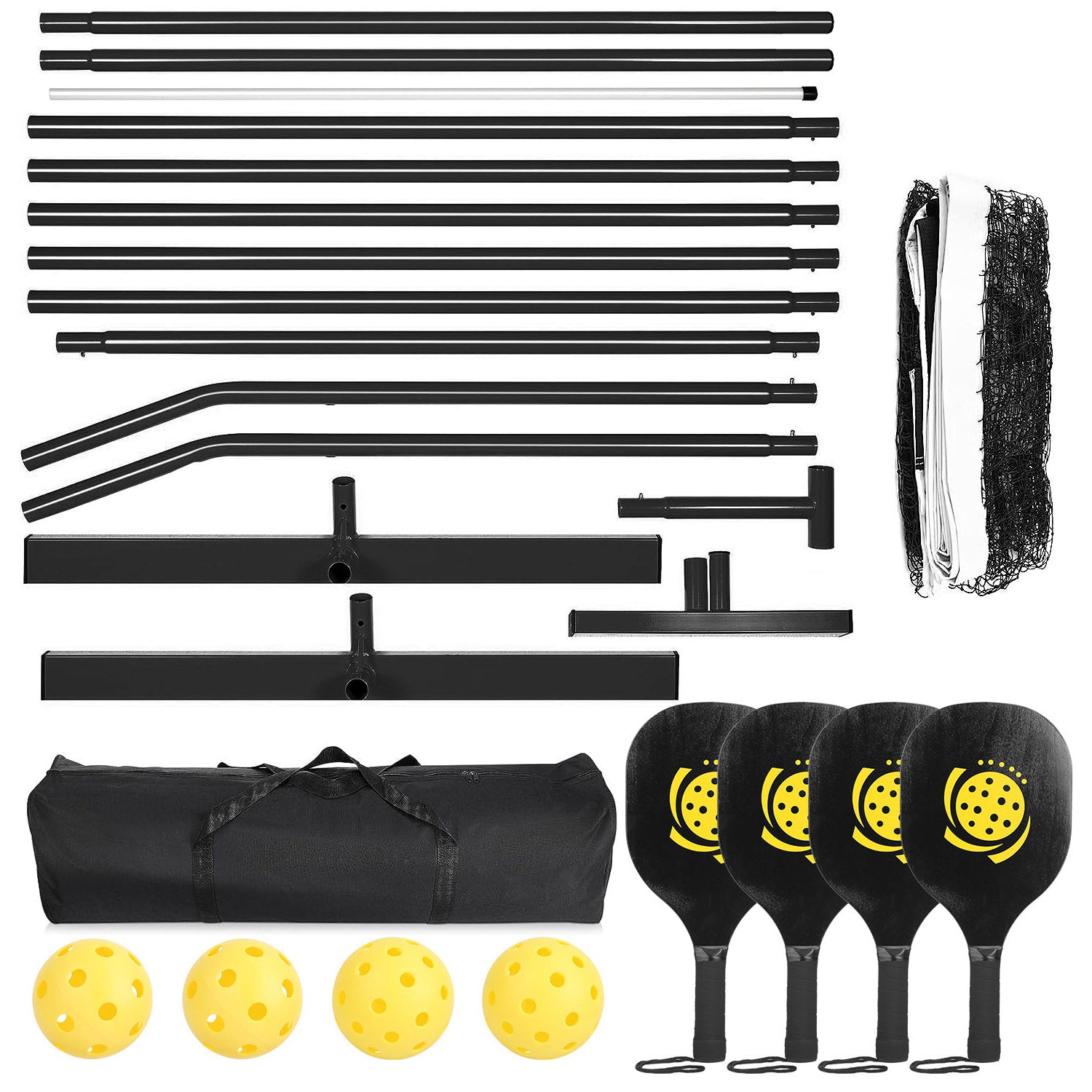 Set of pickleball equipment including poles, net, and balls on a white background