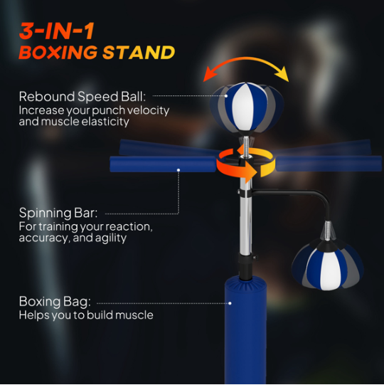 3-in-1 boxing stand with rebound speed ball, spinning bar, and boxing bag on a dark background.