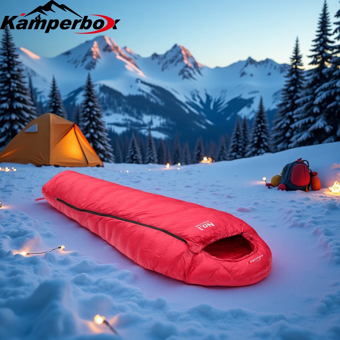 Red sleeping bag in the snow with a mountainous background and Kamperbox branding.