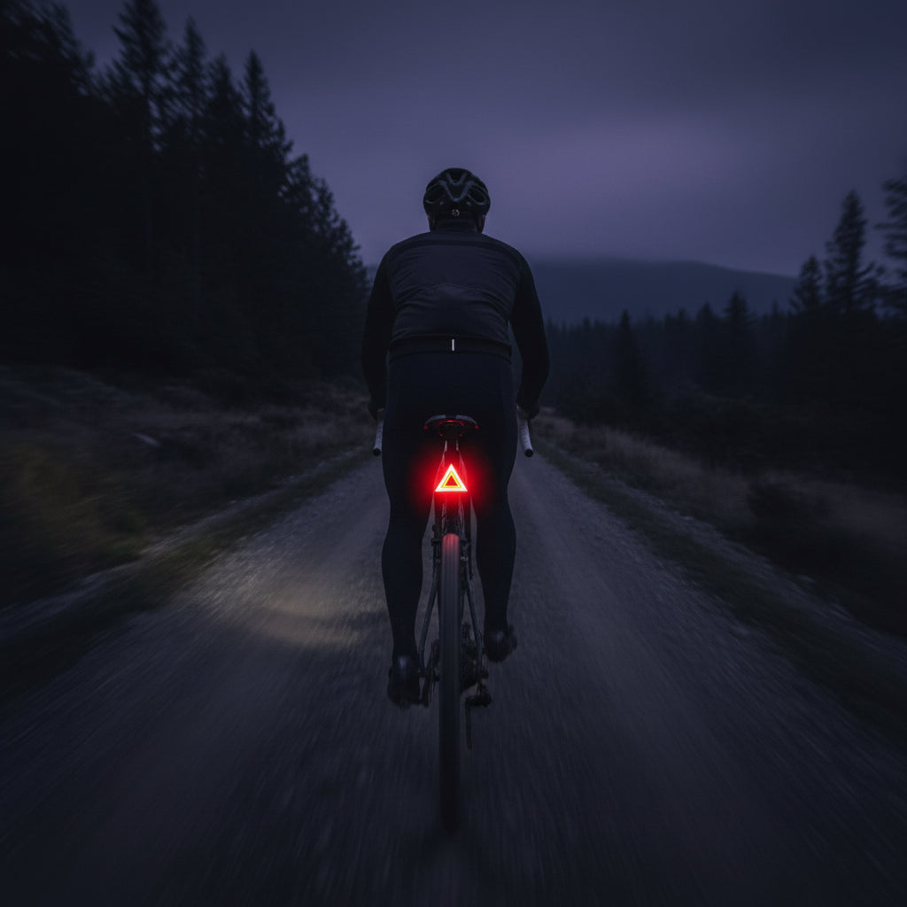 Bicycle tail light with red and yellow triangle warning symbol on a dark background