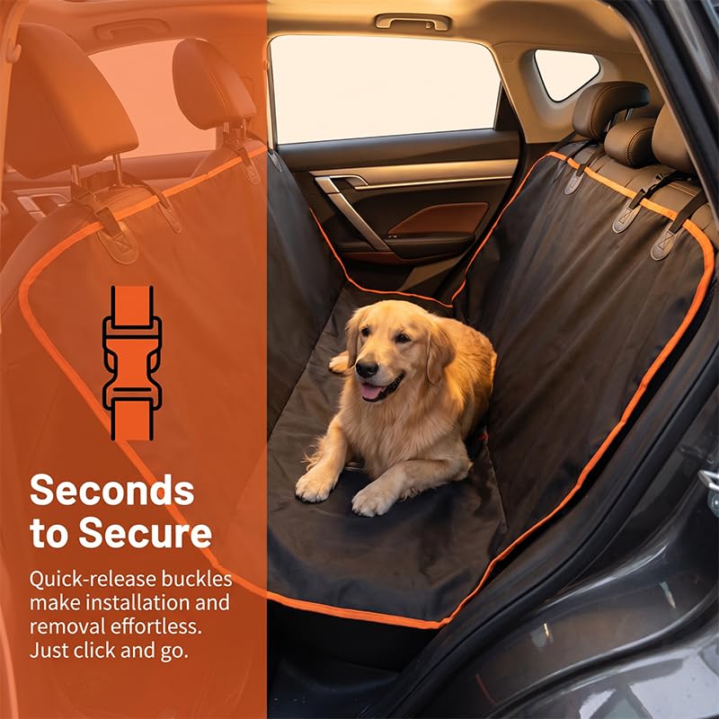 A golden retriever sits on a black car backseat cover with bright orange trim installed in a car interior. The image includes an orange overlay panel on the left with a buckle icon and the text 'Seconds to Secure' and 'Quick-release buckles make installation and removal effortless.
